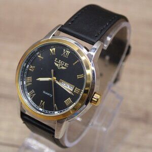 LIGE Watch Mens Stainless Steel Gold & Black Round Quartz Date Black Leather Ban